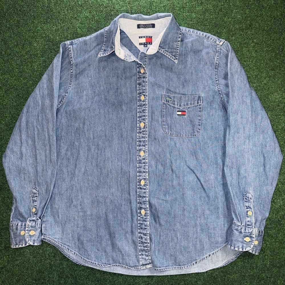 Vintage Tommy Jeans Women's Denim Button Up Shirt Size 12 Flag Logo Pocket Blue